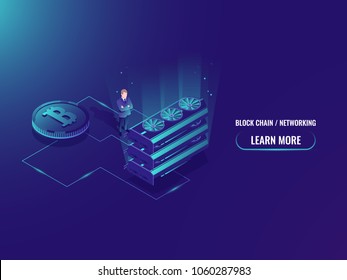 Isometric illustration of big mining farm concept, vector server room, bitcoin cruptocurrency miner, man investment into high technology