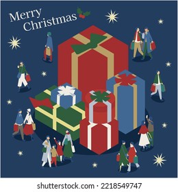 It is an isometric illustration of a big present box and people enjoying shopping.
