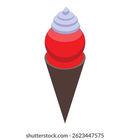 Isometric illustration of a big red ice cream scoop standing on a waffle cone