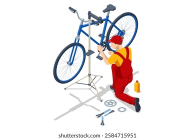 An isometric illustration of a bike mechanic in red overalls repairing a blue bicycle on a stand. Various tools and bike parts are organized around.