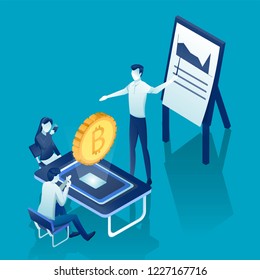 Isometric illustration of a Bitcoin course analysis. Made with gradients of red orange and blue shades. Background for sites, banners, posters. 
People discuss the project with icons above their heads