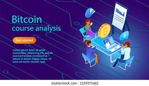 Isometric illustration of a Bitcoin course analysis. Made with gradients of red orange and blue shades. Background for sites, banners, NEWS. 
People discuss the bitcoin with icons above their heads