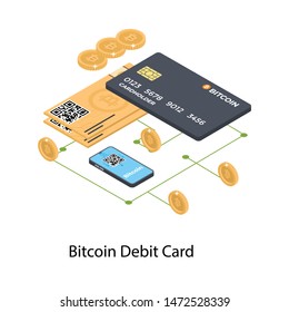 Isometric illustration of bitcoin debit card 