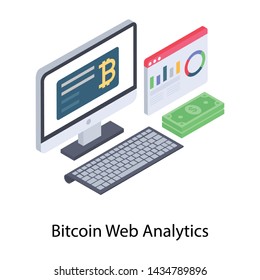 
Isometric illustration of bitcoin web analytics 
