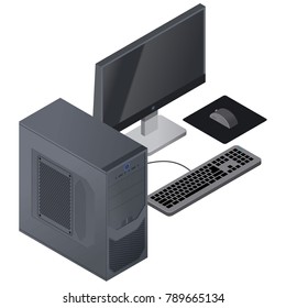 Isometric Illustration Of Black Desktop Computer With Monitor And Keyboard ( PC )