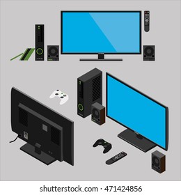 Isometric Illustration of Black Modern LED TV with remote control and Game Console with wireless gamepad flat design; 