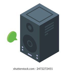 Isometric illustration of a black speaker with a green music note bubble, indicating sound