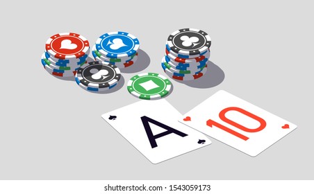 isometric illustration Blackjack in Online casino mobile app. Banner with Twenty-One Banner Online Casino isometric mobile app isolated on white background Blackjack Twenty-One Jackpot isometry poster