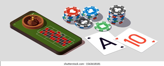 isometric illustration Blackjack in Online casino mobile phone app. Banner with Twenty-One and roulette Banner Online Casino isometric mobile phone app roulette and Blackjack Twenty-One Jackpot poster