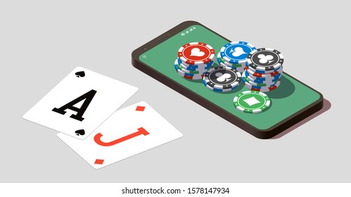 isometric illustration Blackjack in Online casino mobile phone app. Banner with Twenty-One and roulette Banner Online Casino isometric mobile phone app roulette and Blackjack Twenty-One Jackpot poster