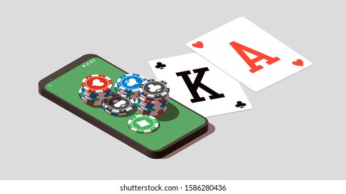 isometric illustration Blackjack in Online casino mobile phone app. Banner with Twenty-One and roulette Banner Online Casino isometric mobile phone app roulette and Blackjack Twenty-One Jackpot poster