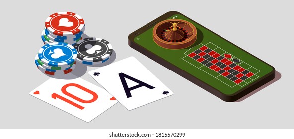 isometric illustration Blackjack in Online casino mobile phone app. Banner with Twenty-One and roulette Banner Online Casino isometric mobile phone app roulette and Blackjack Twenty-One Jackpot poster