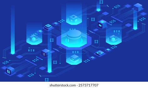 Isometric illustration of a blockchain network with data blocks connected. Perfect for articles about cryptocurrency, smart contracts, and decentralized applications.