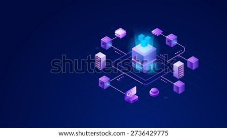 Isometric illustration of blockchain technology with decentralized digital network, connected nodes and secure data flow. Concept of distributed ledger, crypto infrastructure and modern financial technology system.