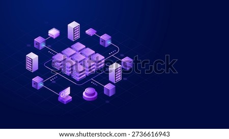 Isometric illustration of blockchain technology with decentralized distributed ledger, connected nodes and secure data flow. Concept for crypto infrastructure, fintech systems and modern digital networks.