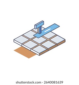 Isometric illustration of a blue hammer with floor tiles