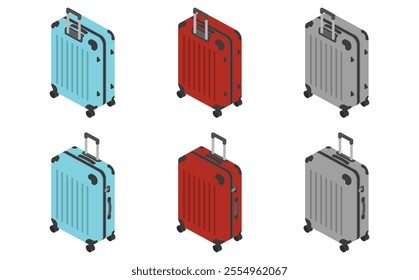 Isometric illustration: blue red gray suitcase set