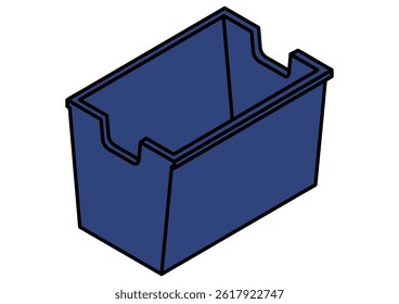 Isometric illustration of a blue storage box with the lid open and empty inside