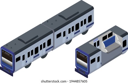 Isometric Illustration of a blue train and its  inside the train