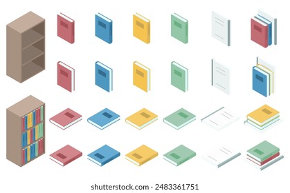 Isometric illustration: bookshelf with books and notebooks