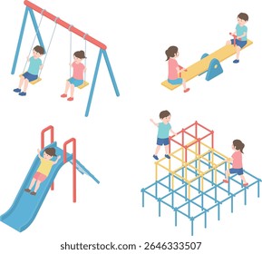 Ilustração isométrica de meninos e meninas jogando em equipamentos de playground no parque