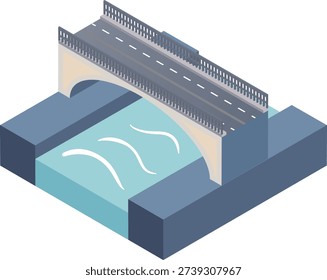 Isometric illustration of a bridge over a river with a roadway. Suitable for infrastructure, transportation, and urban planning design projects.