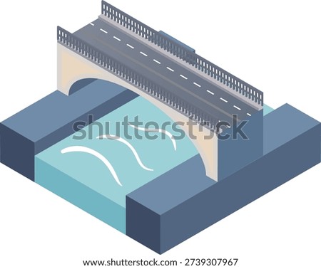 Isometric illustration of a bridge over a river with a roadway. Suitable for infrastructure, transportation, and urban planning design projects.