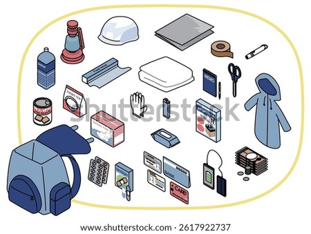 Isometric illustration of a bug out bag with water food hygiene items cash and other evacuation supplies