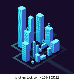 Isometric illustration with buildings. Commercial real estate for your business. Graphic concept for your design.