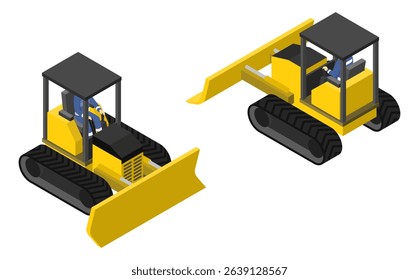 Isometric illustration: bulldozer and operator