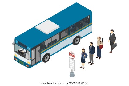 Isometric illustration: bus and passengers waiting at the bus stop