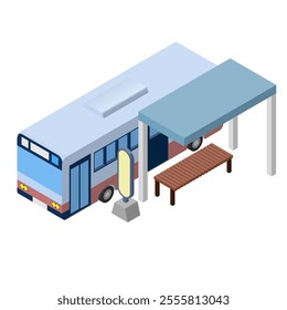 Isometric illustration of a bus stopping at a bus stop. No main line. Vector material for infographics.