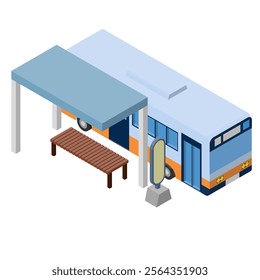 Isometric illustration of a bus stopping at a bus stop. No main line. Vector material for infographic. Right side method.