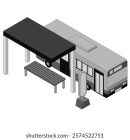 Isometric illustration of a bus stopping at a bus stop.Monochrome, with main lines.Vector material for infographics.Right side method.