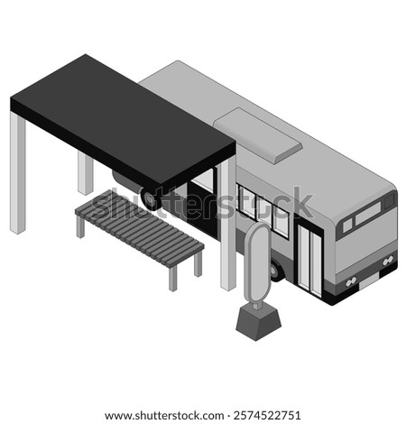 Isometric illustration of a bus stopping at a bus stop.Monochrome, with main lines.Vector material for infographics.Right side method.