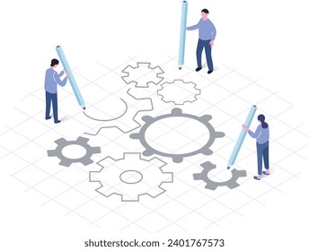 isometric illustration of business people team and gear