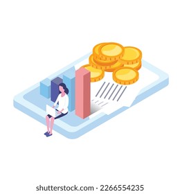 isometric illustration of business person with graph,gold,coin and finance 