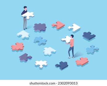 isometric illustration of business person with puzzle