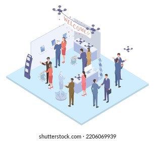 It is an isometric illustration of a business person who has global business talks at an exhibition.