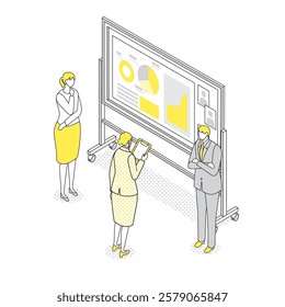 An isometric illustration of a business team presenting a marketing strategy using a whiteboard. A minimalistic line art style focused on data analysis, meetings, corporate growth, and business strate