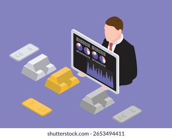 Ilustração Isométrica de Empresário Analisando Dados de Mercado de Metais Preciosos com ilustração de vetor 3d de Barras de Ouro e Prata