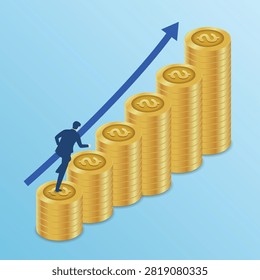 Isometric illustration of a businessman climbing a stack of gold coins with a growth graph arrow