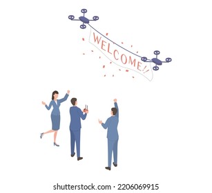 It is an isometric illustration of a businessman operating a drone with a curtain labeled Welcome.