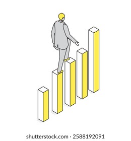 An isometric illustration of a businessman walking up an increasing bar chart. Perfect for business growth, success, and career advancement concepts.