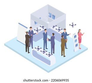 It is an isometric illustration of a businessman who has a business talk at an exhibition.