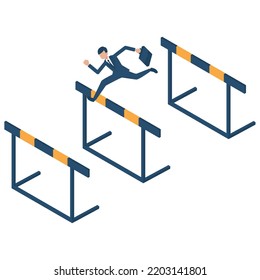 It Is An Isometric Illustration Of A Businessman Who Jumps Over Many Difficulties And Hurdles.