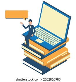 It is an isometric illustration of a businessman who makes a sales talk on a personal computer or materials.