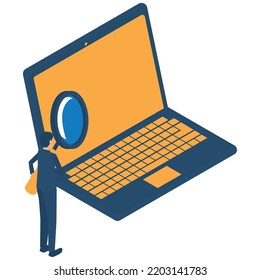 It is an isometric illustration of a businessman who searches in detail on a personal computer.