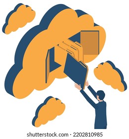 It is an isometric illustration of a businessman who stores files and data in the cloud on the Internet.