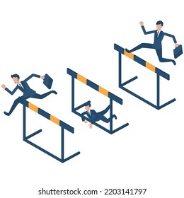 It is an isometric illustration of businessmen who challenge difficulties and hurdles and jump over them.